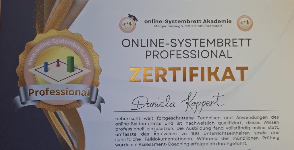 Zertifikat der online-Systembrett Akademie über den Professional-Status